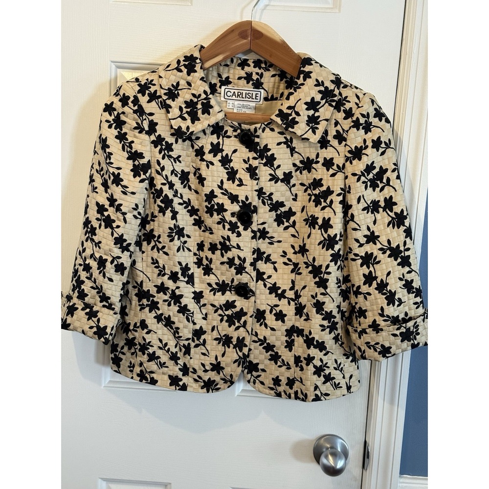 Vintage Carlisle Floral Blazer 10 Tan & Black Floral Preppy Classy Church Formal
